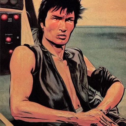 Prompt: scifi Viktor Tsoi by Robert McGinnis, pulp comic style, circa 1958, photorealism