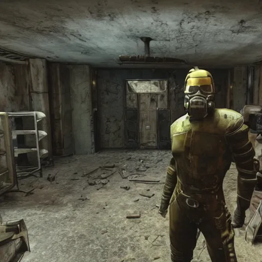 Prompt: fallout 5 main character in front of vault in wasteland 9 : 1 2