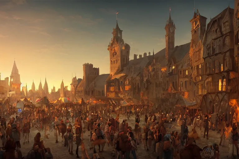 Image similar to crowded medieval market, sunset, cinematic, Artstation