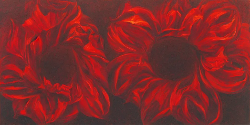 Image similar to a chiaroscuro oil painting of a infinity recursive red flower