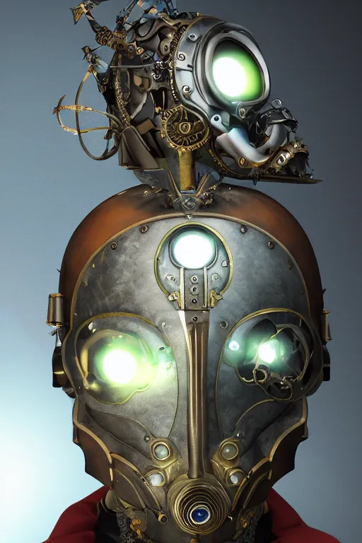 Image similar to steampunk mask minimalist fantasy art robot ninja helmet, global illumination ray tracing hdr fanart arstation by sung choi and eric pfeiffer and gabriel garza and casper konefal chaykin howard and campionpascale and cooke darwyn and davis jack