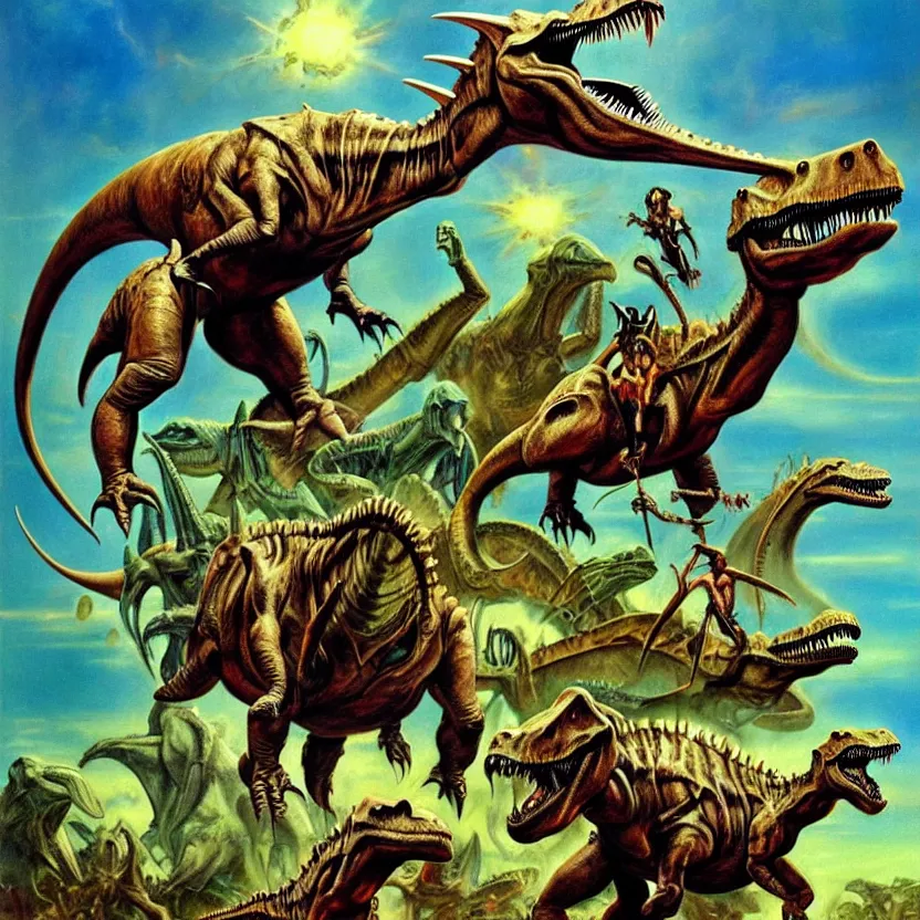 Image similar to metalheads riding dinosaurs in the space jungle, boris vallejo style, lord of the rings