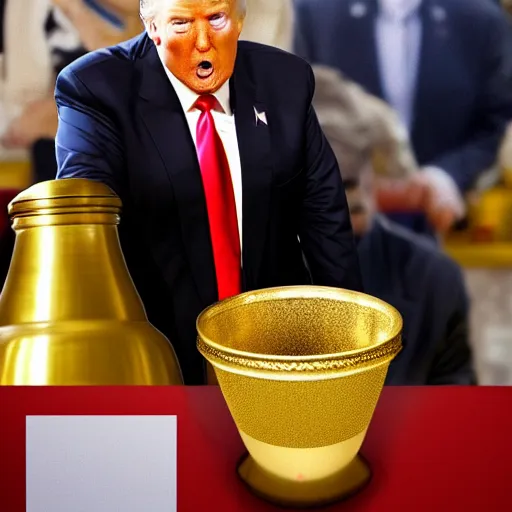 Image similar to candid color photo of Donald Trump hiding from the fbi behind a gold vase, accurate faces, 4k photo