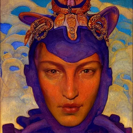 Prompt: the tentacle crown, by Annie Swynnerton and Nicholas Roerich and Diego Rivera, glowing skin, elaborate costume, geometric ornament, symbolist, rich color, dramatic cinematic lighting, smooth, sharp focus, extremely detailed