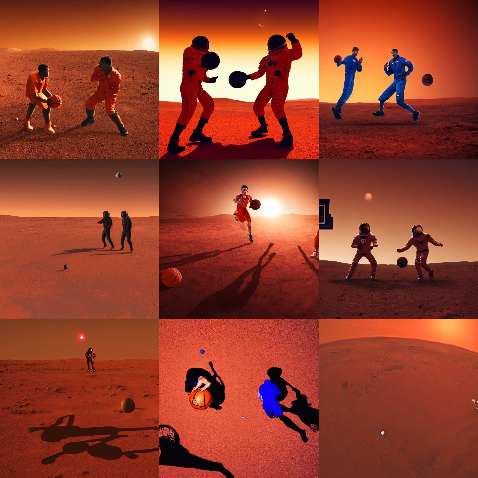 Prompt: Photograph of Two astronauts playing basketball on the surface of mars, red and orange sunset sky background, 8K, dramatic lighting