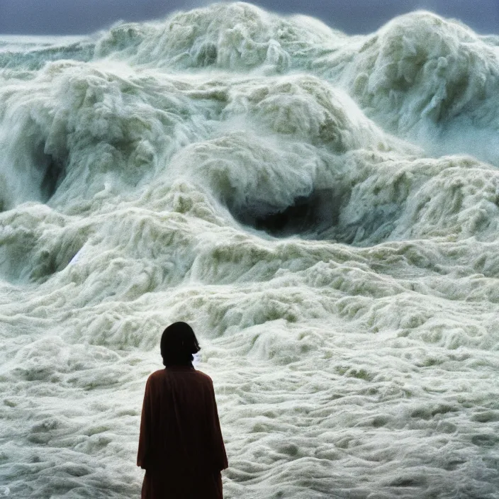 Image similar to a woman wearing wrapped in plastic, standing in front of a giant tsunami wave, color photograph, by vincent desiderio, canon eos c 3 0 0, ƒ 1. 8, 3 5 mm, 8 k, medium - format print