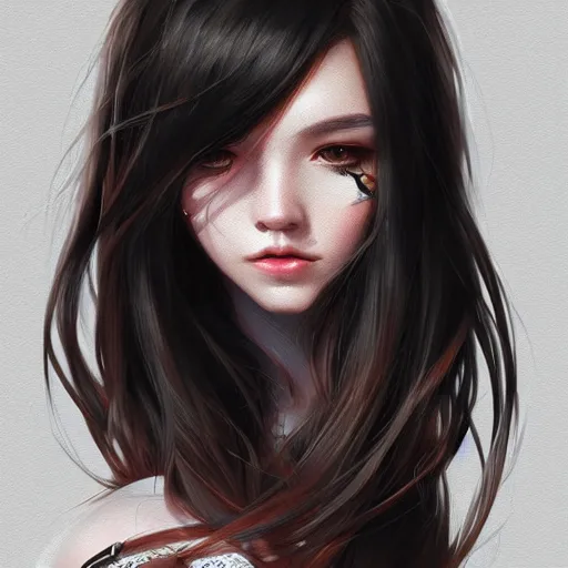 Prompt: teen girl, long black hair, gorgeous round face, brown pollover, amazing, elegant, intricate, highly detailed, digital painting, artstation, concept art, sharp focus, illustration, art by ross tran