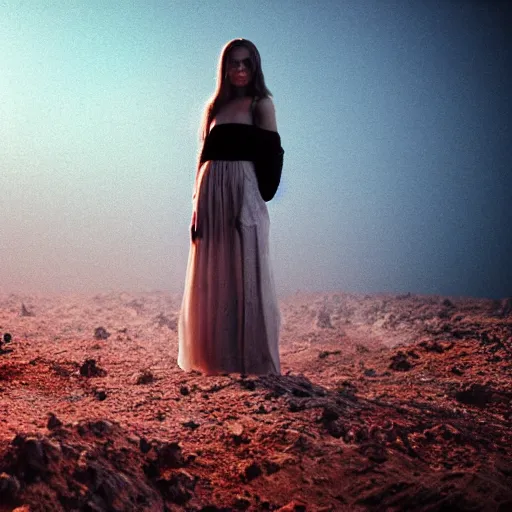Image similar to The full body shot of beautiful pale woman with white flowers and full-face golden mask inside a thick black smoke in rocky desert landscape, glowing eyes everywhere, dey earth by Gaspar Noe and Christopher Doyle, anamorphic lens, anamorphic lens flares, kodakchrome, cinematic composition, practical effects, award winning photo, 8k