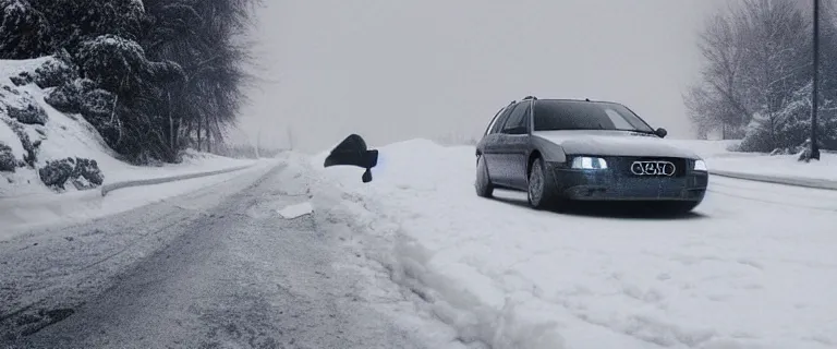 Image similar to Audi A4 B6 Avant (2002), a gritty neo-noir, dramatic lighting, cinematic, eerie person silhouette, death, homicide, homicide in the snow, gunshots, establishing shot, extremely high detail, photorealistic, cinematic lighting, artstation, by simon stalenhag, Max Payne (PC) (2001) winter New York at night, In the style of Max Payne 2 graphic novel, flashing lights, Poets of the Fall - Late Goodbye