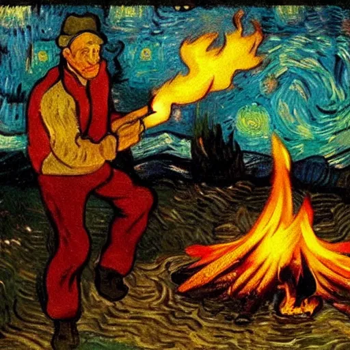 Image similar to painting of a man in hell making smores, bag of marshmallows, fire everywhere, by van gogh.