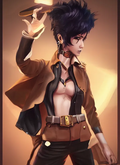 Image similar to full size persona, female sheriff, global lighting, detail, ultra sharpness, beautiful female, detailed face, art by huyy nguyen, style by cain kuga, cowboy bebop art style