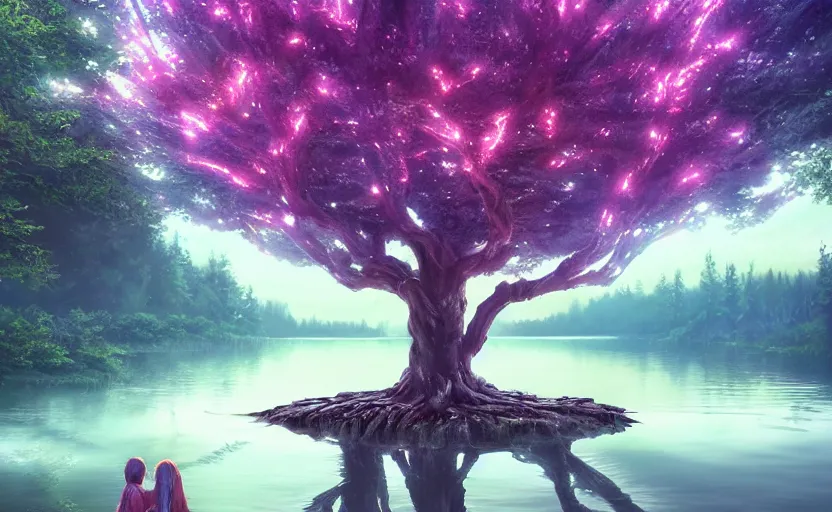 Prompt: twisted root magical tree in the middle of a lake with natural throne, anime inspired, hyper realistic, dramatic lighting, glowing leaves, 8k hdr pixiv dslr photo by Makoto Shinkai ilya kuvshinov and Wojtek Fus, digital art, concept art,