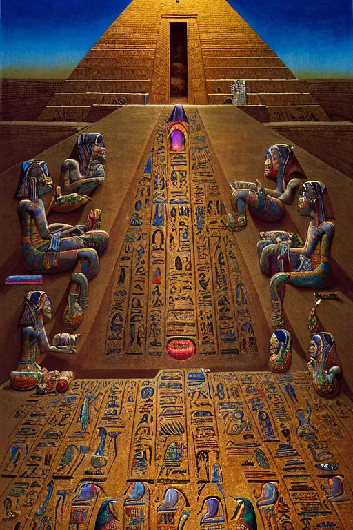 Image similar to a hyperrealistic painting of a ancient egyptian mummies tomb with magical iridescent scarabs and embellished ornate old statues walls of hieroglyphics, cinematic horror by chris cunningham, lisa frank, richard corben, highly detailed, vivid color, beksinski painting, part by adrian ghenie and gerhard richter. art by takato yamamoto. masterpiece