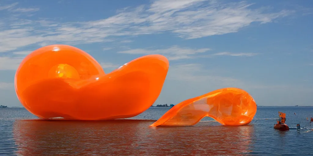 Image similar to huge transparent orange jell strange morph form like more fruits in the style by anish kapoor, in the parts by shih chieh huang, with wires in the open sea on the water