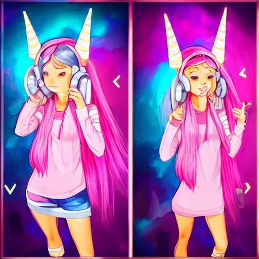 Image similar to !dream very very very beautiful pink gamer girl wearing headphones with a unicorn horn coming out of her head standing in a pink girls room, full body portrait, eye contact, smiling, perfect face, perfect body, extreme long shot, drawn by artgerm