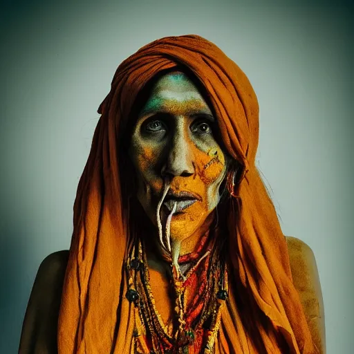 Image similar to realistic expired kodak film portrait of aghori albino india woman tentacled creature mix, marigold celestial vibe, hyperrealism, hypermaxiymalism, photorealistic, detailed, atmospheric, 8 k, award winning photography, cinematic