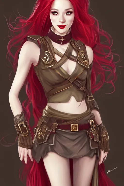 Prompt: a full body portrait of a gorgeous female ranger, looking at camera, D&D, choker on neck, stylish dress, very long flowing red hair, intricate, elegant, stylish, cute slightly nerdy smile, mouth slightly open, fantasy, extremely detailed, digital painting, artstation, concept art, smooth, sharp focus, illustration, stunning lighting, art by artgerm and greg rutkowski and alphonse mucha and simon stalenhag