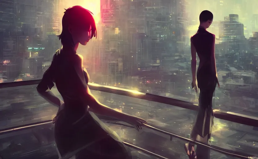 Prompt: beautiful Vietnamese woman, sci-fi fashion, buzz cut hair, scene of a city, dramatic light, wide angle, dramatic pose, dramatic angle , 8k hdr pixiv by Makoto Shinkai and Wojtek Fus