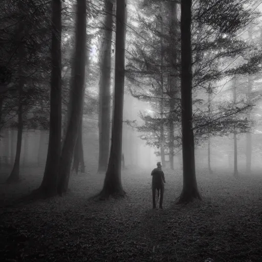 Image similar to Monochrome photo of a man standing in a misty forest at night with light rays coming through the trees, motion blur, grainy, Kodak Tri-X 3200 ISO, 24mm Tilt-shift