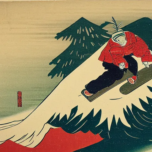 Image similar to man snowboarding with roostertail woodblock print, style of hokusai, fine art, style of kanagawa, winter painting