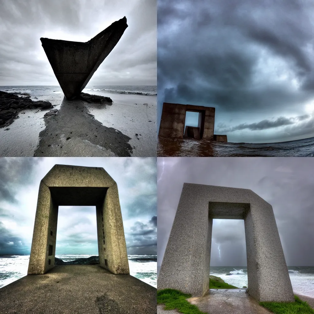 Prompt: a super natural gateway at a beautiful, surreal, and mysterious brutalist monument at the ocean under the stormy sky. gopro