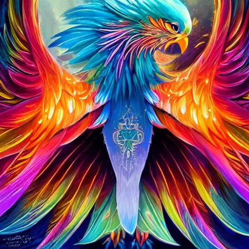 Image similar to cute flying chinese phoenix, sparkling bird eyes, embers in her bird eyes, shining rainbow feathers, sharp features, flowing fiery multicolor feathers, highly detailed, digital painting, artstation, concept art, smooth, sharp focus, beautiful rainbow feathers, expressive eyes, illustration, phoenix art by Artgerm and greg rutkowski