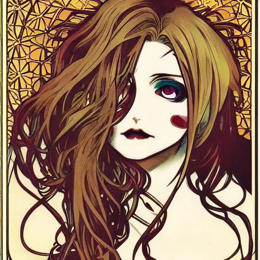 Image similar to anime manga skull portrait woman comic skeleton illustration style by Alphonse Mucha pop art nouveau