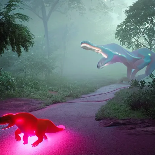 Prompt: unreal engine hyperreallistic render 8k of a bright neon fuschia pink trex tyrannosaurus rex dinosaur in the misty jungle action shot