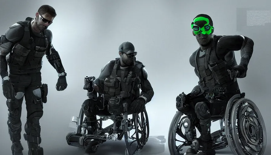 Prompt: Sam Fisher on a wheelchair, hyperdetailed, artstation, cgsociety, 8k