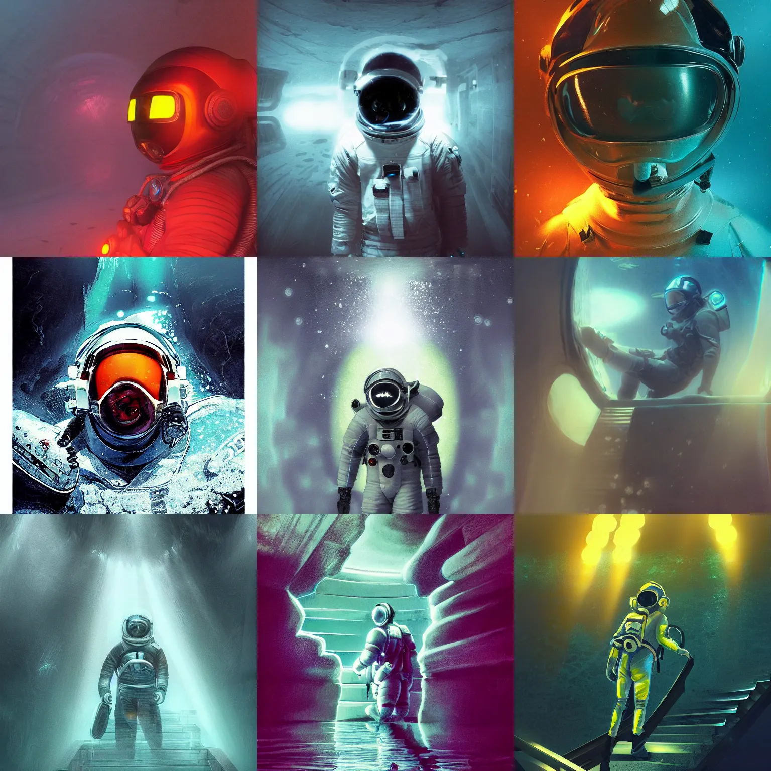 Prompt: infrared concept art in the dark underwater diver astronaut with meka helmet standing on the stairs. complex composition. wet reflection material. rays and dispersion of light breaking through the deep water. trend artstation