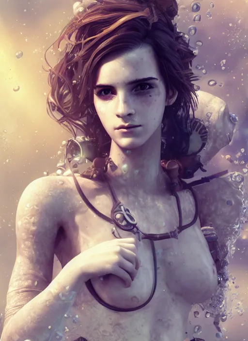 Image similar to underwater steampunk emma watson, au naturel, hyper detailed, digital art, trending in artstation, cinematic lighting, studio quality, smooth render, unreal engine 5 rendered, octane rendered, art style by klimt and nixeu and ian sprigger and wlop and krenz cushart.