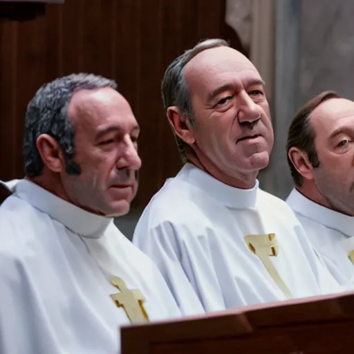 Image similar to jeffery epstein, bill cosby, and kevin spacey dressed up as catholic priests, speaking to a congregation in church, 8 k, realistic.