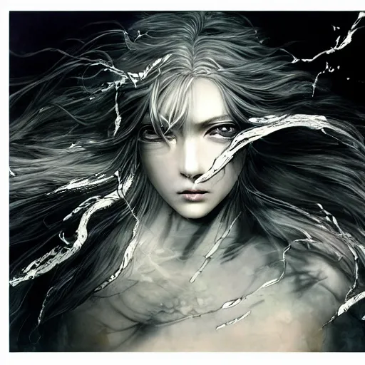 Image similar to yoshitaka amano realistic illustration of an anime girl with wavy white hair and cracks on her face wearing elden ring armour with the cape fluttering in the wind, abstract black and white patterns on the background, noisy film grain effect, highly detailed, renaissance oil painting, weird portrait angle