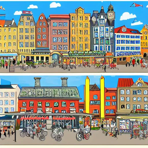 Image similar to detailed wimmelbilder cartoon image of a city square with shops and cars and bicycles and stands