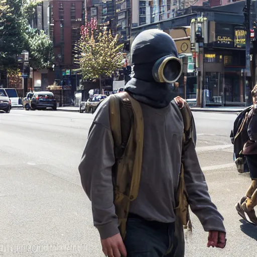 Prompt: man in a gasmask screaming walking down the streets of seattle, sunlight, sunny day, smoke, full shot