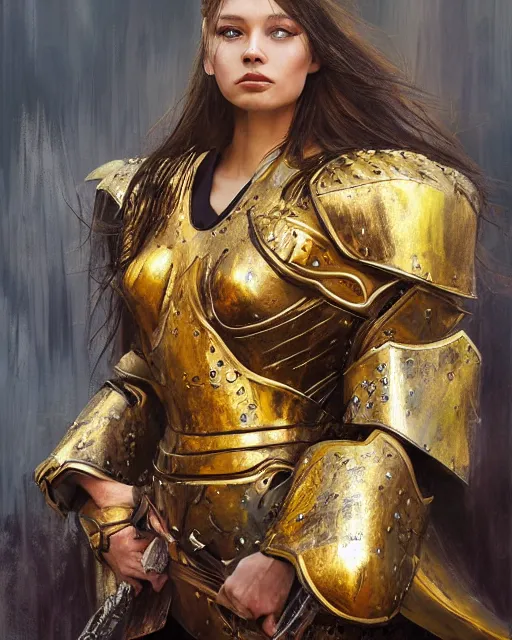 Prompt: beautiful female warrior, half body portrait, long flowing hair, heavy gold armour, realistic oil painting by Boris Valejo