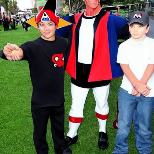 Prompt: Arnold schwarzenegger dressed up as Ash Ketchum, he is a pokemon trainer