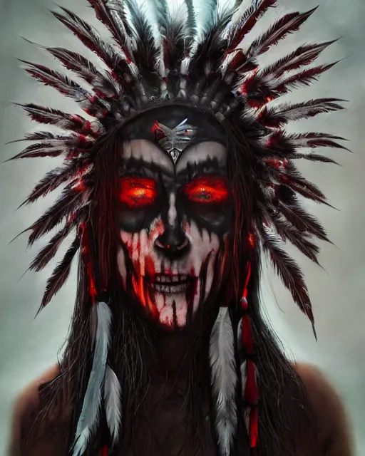 Image similar to the ghost - spirit of the grim - warpaint wears the scarlet skull armor and native blood headdress feathers, midnight fog - mist!, dark oil painting colors, realism, cinematic lighting, various refining methods, micro macro autofocus, ultra definition, award winning photo