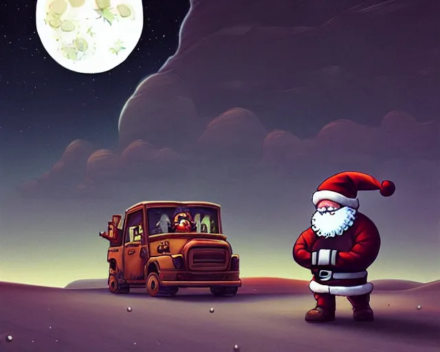 Image similar to a cell shaded cartoon grey mechanized santa, with a big head, on a desert road, wide shot, in front of a big moon, muted colors, post grunge, josan gonzales, wlop, by james jean, victor ngai, hq, deviantart, art by artgem