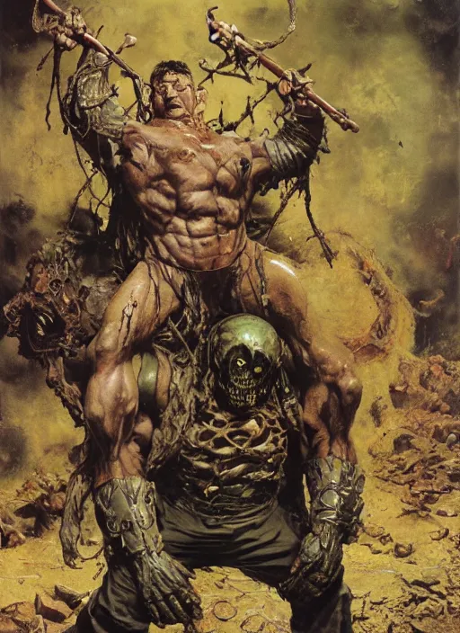 Image similar to dorian yates as doom hell baron wearing old trench coat and tattered pants, dynamic action, by lawrence alma tadema and zdzislaw beksinski and norman rockwell and jack kirby and tom lovell and greg staples