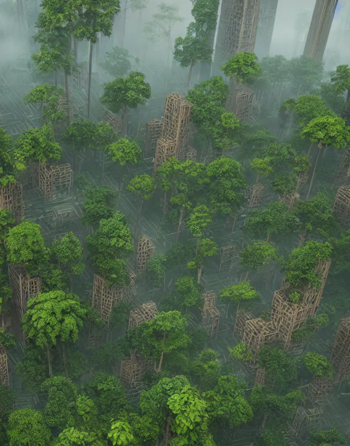 Image similar to a city of interlocking and weaving wooden structure towers intertwined and interconnected with a jungle rainforest, misty atmosphere hyper realistic octane render unreal engine