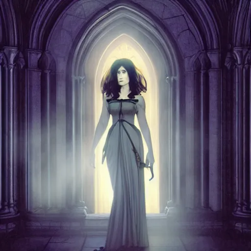 Prompt: mary elizabeth winstead as a vampire in a gothic cathedral at night, gloomy, horror photography by artgerm and alphonse mucha and ross tran and greg rutkowski.