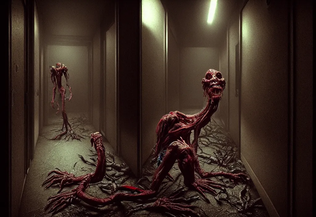 Prompt: beautifully hyperrealistic cinestill octane render of creepy monster entity creature designs by david cronenberg, yasushi nirasawa, hiroya oku, junji ito, apartment hallway, deep aesthetics of silent hill