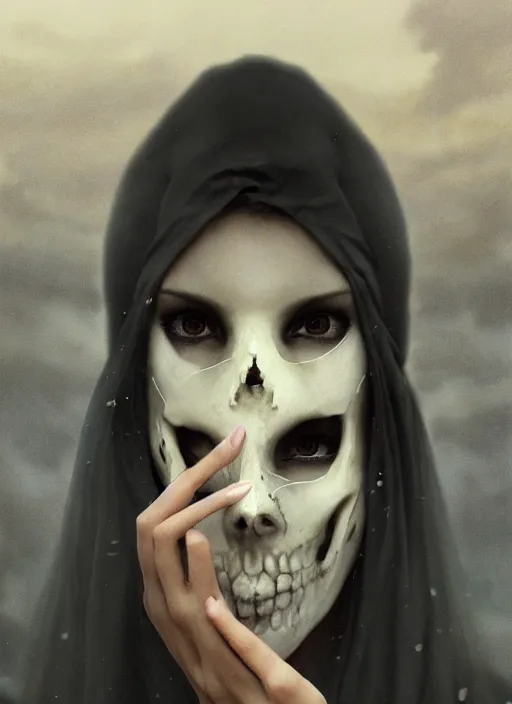 Image similar to close up of a veiled half scull mask girl on the ruins temple, fingers on lips, looking at the camera very curiously, smog on the floor, extremely beautiful and aesthetic and attractive detailed face and body, intricate, chiaroscuro, model pose, fantasy illustrations, light novel cover art, by makoto shinkai and jeremy lipking and ferdinand knab