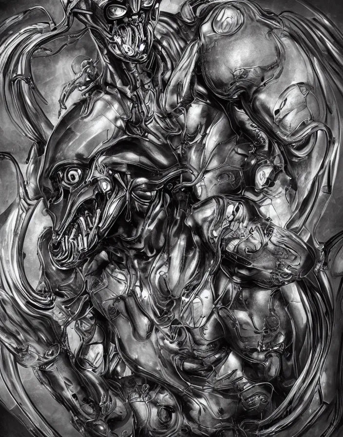 Image similar to engineer prometheus face by Artgerm, xenomorph alien, highly detailed, symmetrical long head, smooth marble surfaces, detailed ink illustration, raiden metal gear, cinematic smooth stone, deep aesthetic, concept art, post process, 4k, carved marble texture and silk cloth, latex skin, highly ornate intricate details, prometheus, evil, moody lighting, hr geiger, hayao miyazaki, indsutrial Steampunk