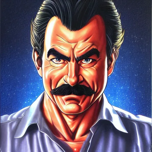 Prompt: portrait painting of tom selleck, art by akira toriyama, 4 k, dragon ball artstyle, cel shaded, highly detailed, epic lighting