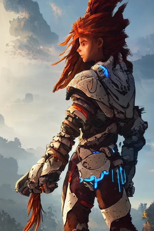 Image similar to combination suit armor aloy horizon forbidden west horizon zero dawn radiating a glowing aura global illumination ray tracing hdr fanart arstation by ian pesty and alena aenami artworks in 4 k tribal robot ninja mask helmet backpack