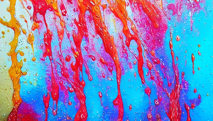 Image similar to painting on canvas, watedrops, water droplets, acrylic painting, acrylic pouring, painting, influencer, artstation - h 8 0 0