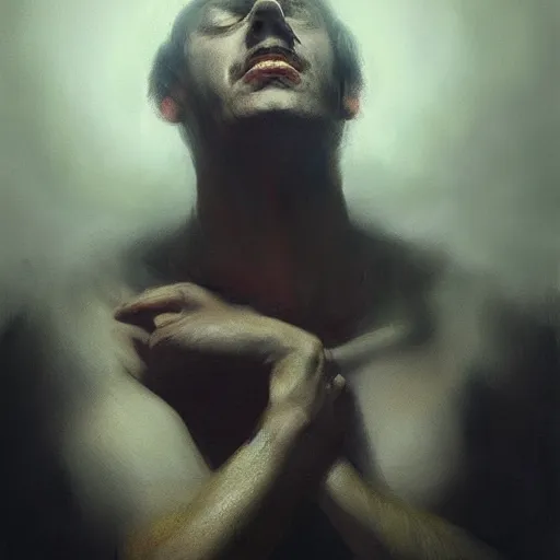 Image similar to UHD photorealistic Man signing his soul over to the devil, in the style of tonalism by Greg Rutkowski, trending on Artstation, hyperrealistic, correct details, symmetrical faces