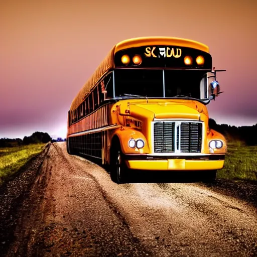 Prompt: a school bus driving on a dirt road at night photography high quality